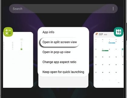 Open in split screen view highlighted on a Galaxy phone