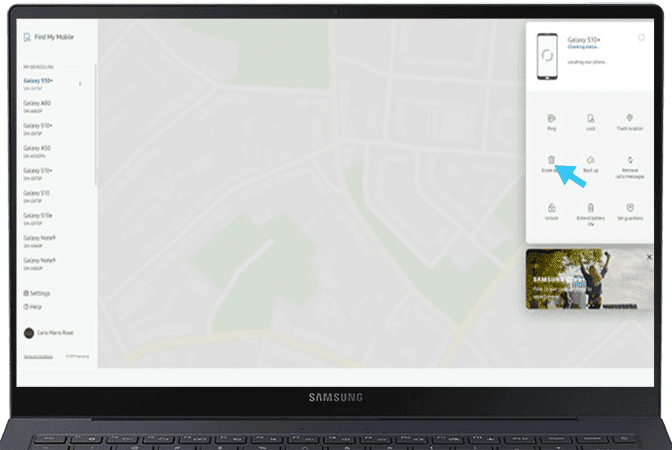 The option to erase data remotely is selected in Find My Mobile