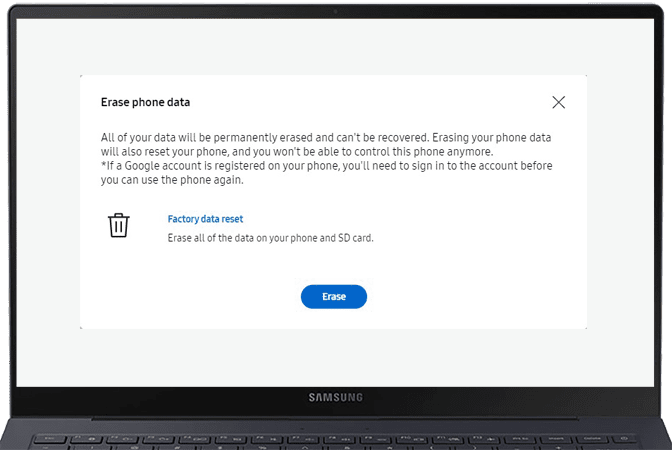 Confirm that you would like to erase data in Find My Mobile