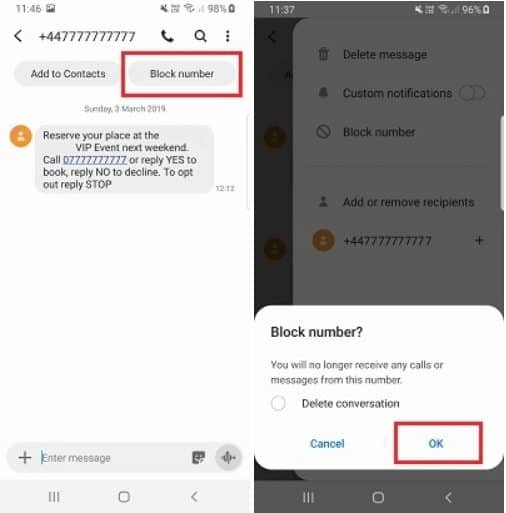 how to block texts android