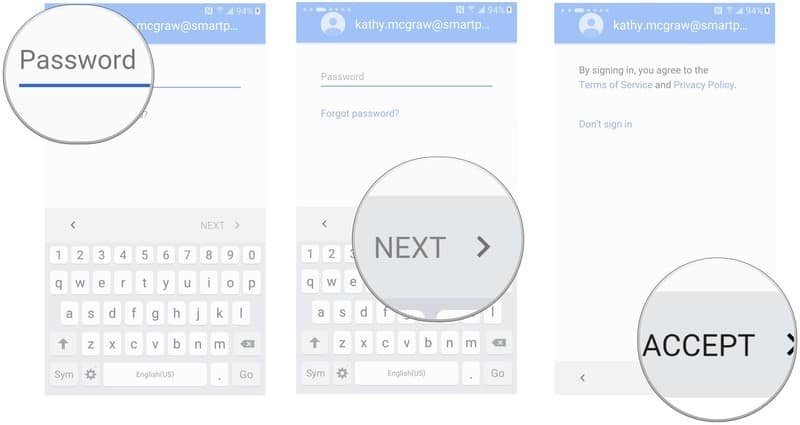 Type Google password, then tap next, then tap accept