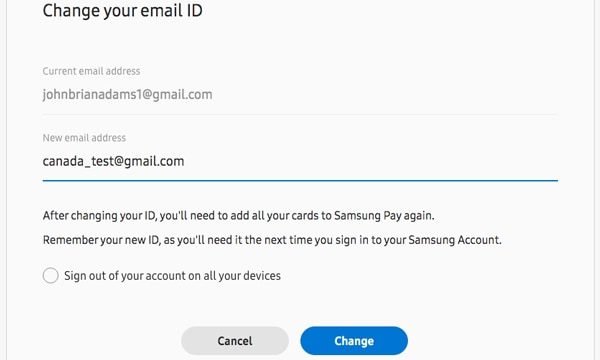Enter the new email address you want to associated to your Samsung Account. Then, select Change.